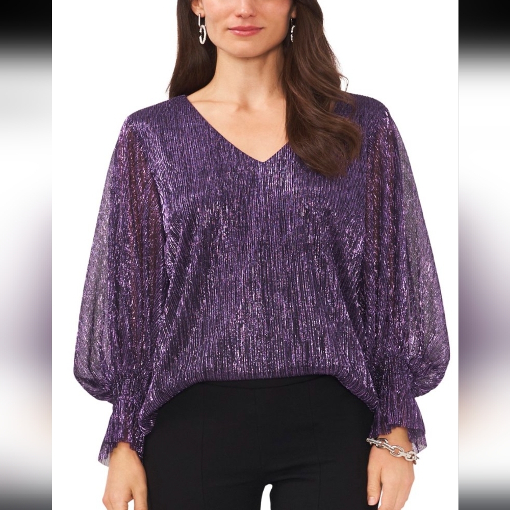 Cece Boutique Metallic Purple Balloon Sleeve V Neck Blouse